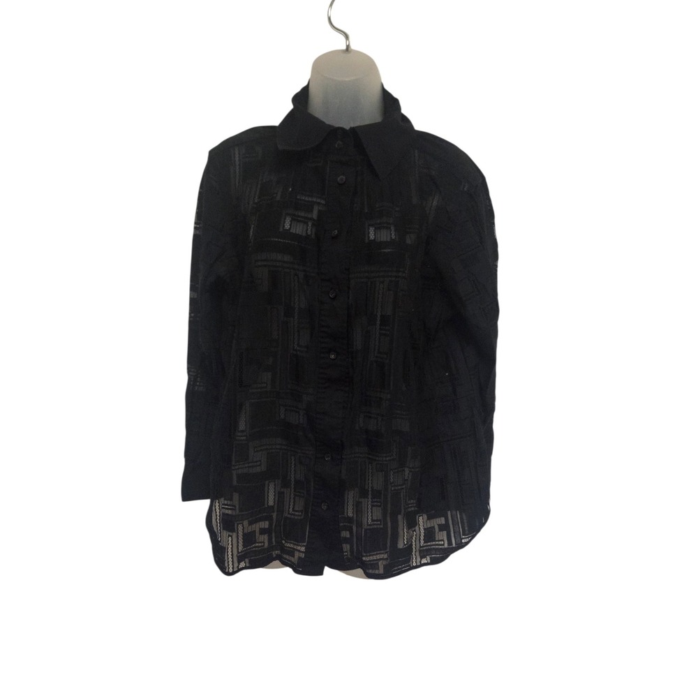 Lafayette 148 New York XL Black‎ Burnout Geometric Sheer Button Front Blouse Top